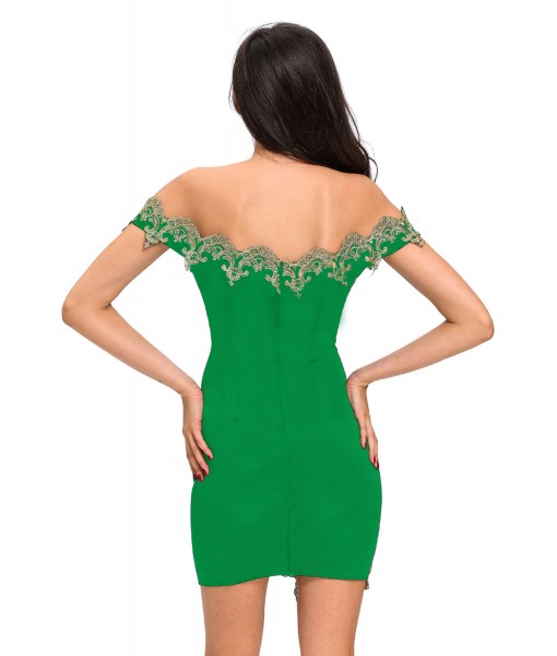 Gold Lace Applique Green Off Shoulder Mini Dress