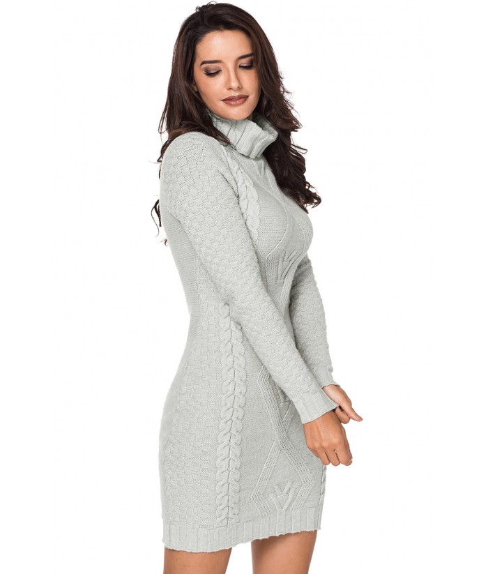 Grey Stylish Pattern Knit Turtleneck Sweater Dress